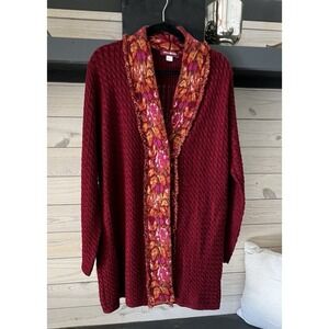 April Cornell Sweater Duster Floral Long Cardigan Red Sz Large Fringe Cable Knit